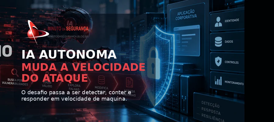 Ilustração de agente de IA autônomo diante de controles de segurança e sistemas corporativos