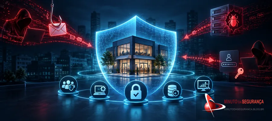 Pequena empresa protegida por controles de acesso, atualizações, backups e monitoramento contra ataques digitais