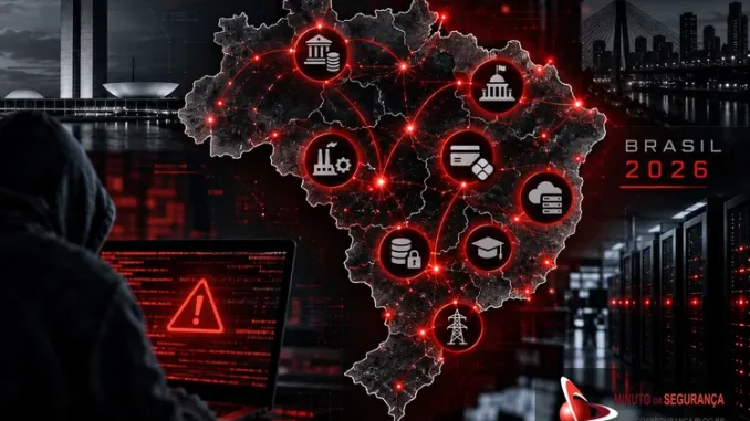 Mapa do Brasil com conexões de ataques cibernéticos, sistemas críticos e monitoramento de segurança em 2026