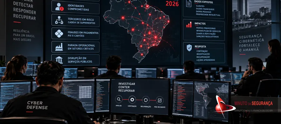 Centro de operações de segurança monitorando incidentes cibernéticos no Brasil em 2026