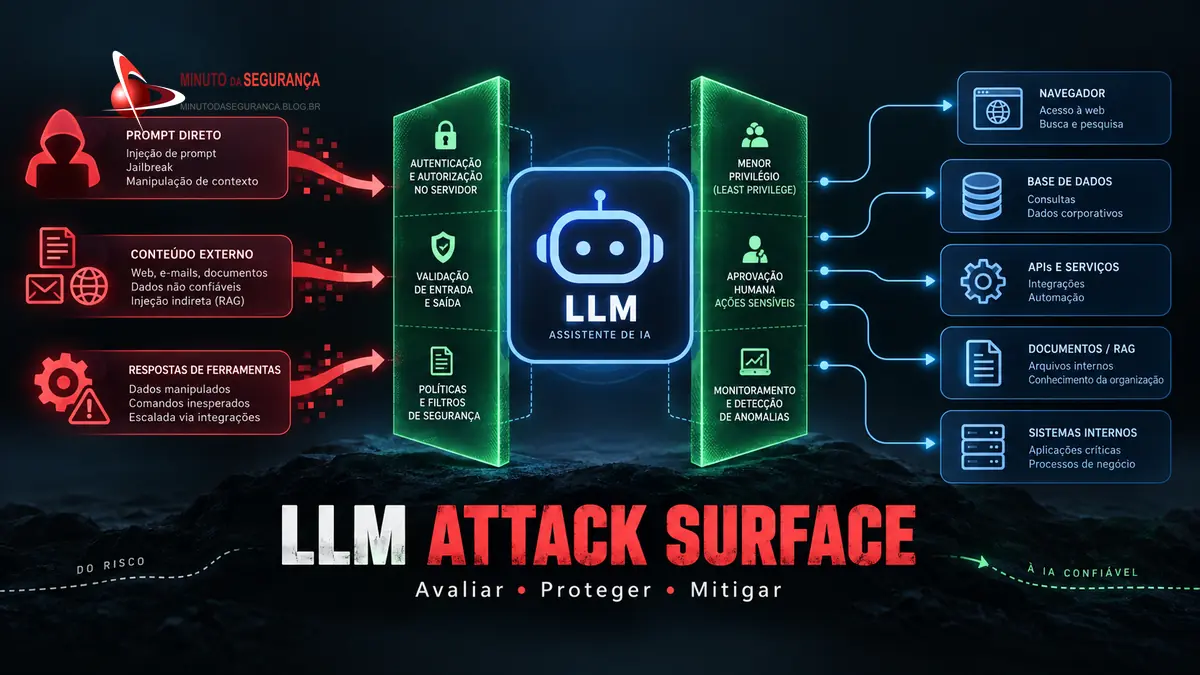 Infográfico sobre vetores de ataque em LLMs e controles de proteção em camadas