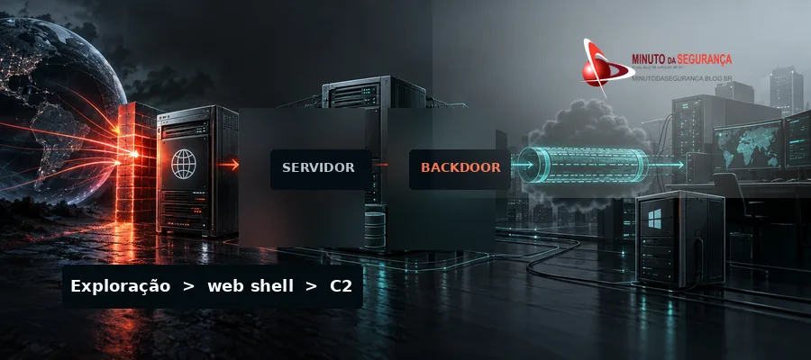 Fluxo visual de comprometimento de servidor, web shell e conexão de comando e controle associado à Noodle RAT