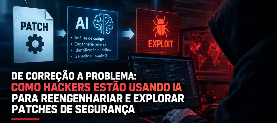 Inteligência artificial analisando patches de segurança para engenharia reversa de vulnerabilidades