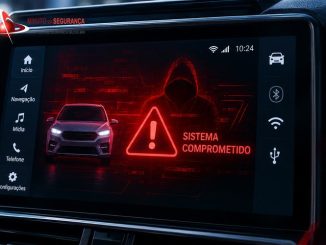 Featured image sobre malware em centrais multimídia automotivas com alerta de sistema comprometido e identidade oficial do Minuto da Segurança