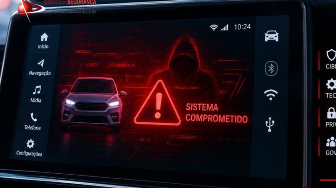 Featured image sobre malware em centrais multimídia automotivas com alerta de sistema comprometido e identidade oficial do Minuto da Segurança