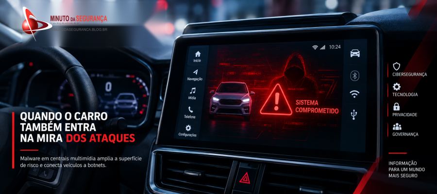 Veículo conectado com central multimídia comprometida, ilustrando risco de malware em sistemas automotivos conectados