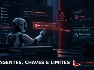 Agente de IA diante de uma chave de API exposta e uma barreira de autorização