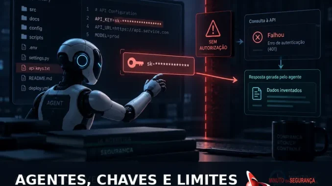 Agente de IA diante de uma chave de API exposta e uma barreira de autorização