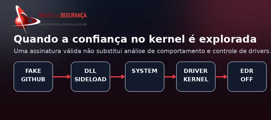 Fluxo do ataque Rapuncel com driver assinado no kernel do Windows