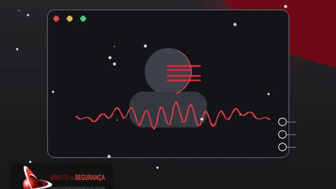 Deepfake em chamada corporativa representado por rosto sintético e sinal de voz, com identidade visual do Minuto da Segurança