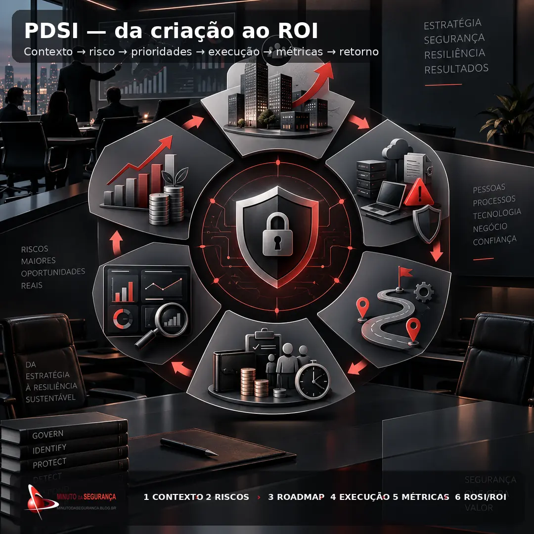 Infográfico do PDSI conecta contexto, riscos, roadmap, execução, métricas e ROSI/ROI.
