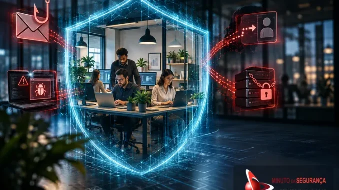 Pequena empresa protegida por escudo digital contra phishing, malware e roubo de credenciais