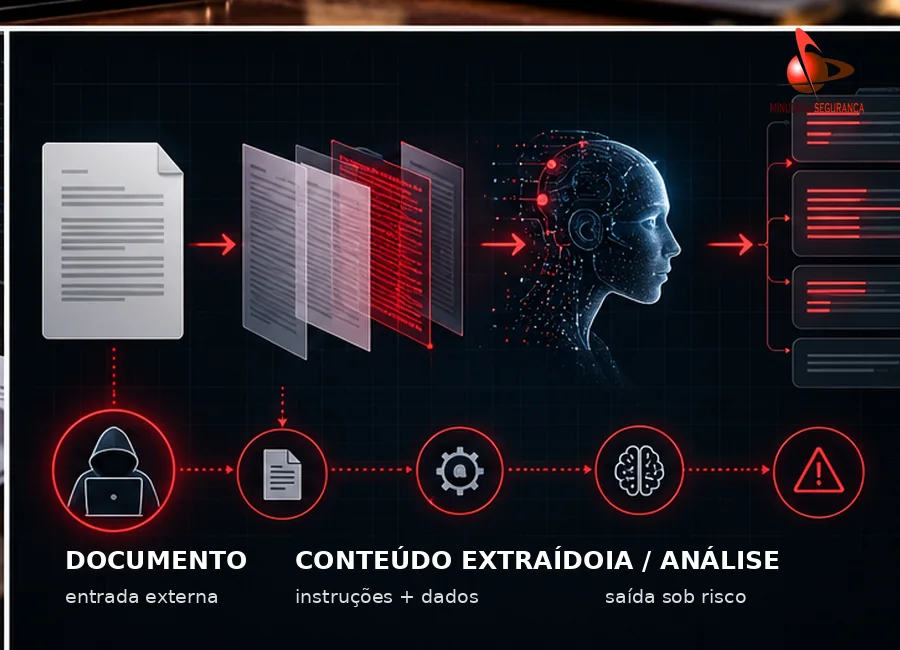 Fluxo visual de documento, conteúdo extraído, inteligência artificial e risco de análise influenciada