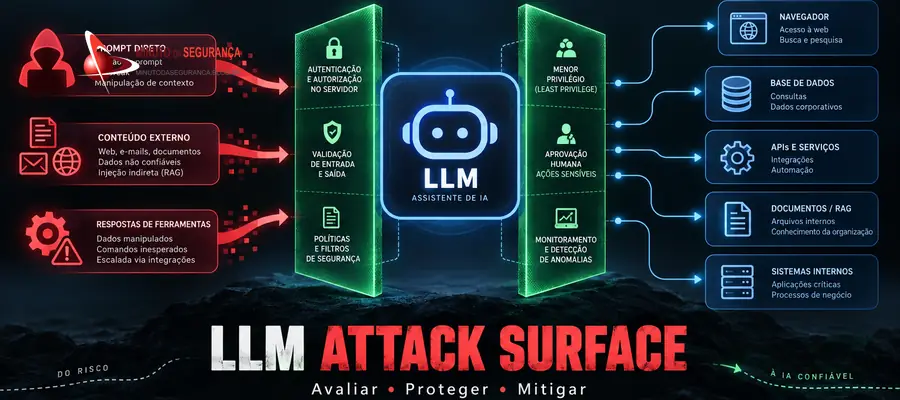 Superfície de ataque de LLMs com prompt injection, vazamento de dados, abuso de ferramentas e cadeia de suprimentos