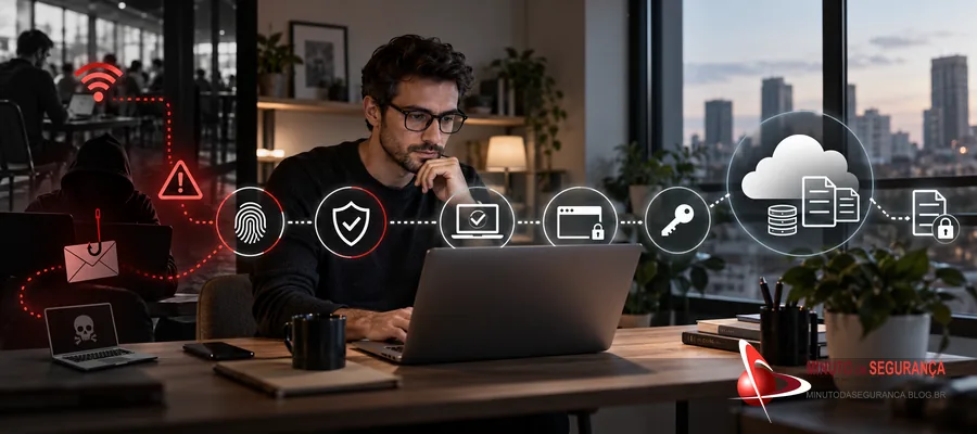 Profissional remoto protegido por controles de identidade, dispositivo, navegador, acesso e nuvem