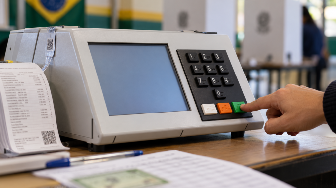 Urna eletrônica brasileira em local de votação, com eleitor confirmando o voto e elementos de auditoria ao redor
