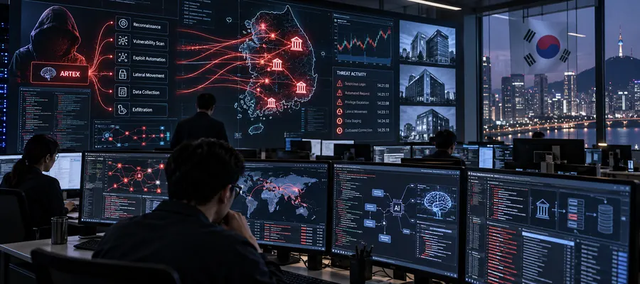 Centro de operações analisando atividade ofensiva assistida por inteligência artificial contra instituições financeiras