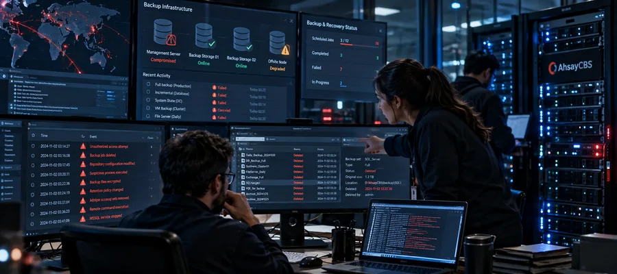 Equipe investigando acessos indevidos e persistência em infraestrutura de backup