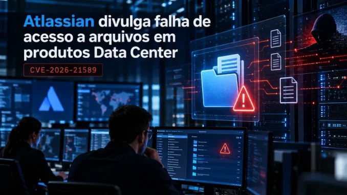 Ilustração editorial da falha CVE-2026-21589 de acesso a arquivos em produtos Atlassian Data Center