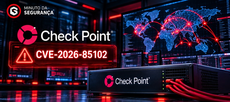 Painel de segurança e Check Point ilustrando a vulnerabilidade CVE-2026-85102