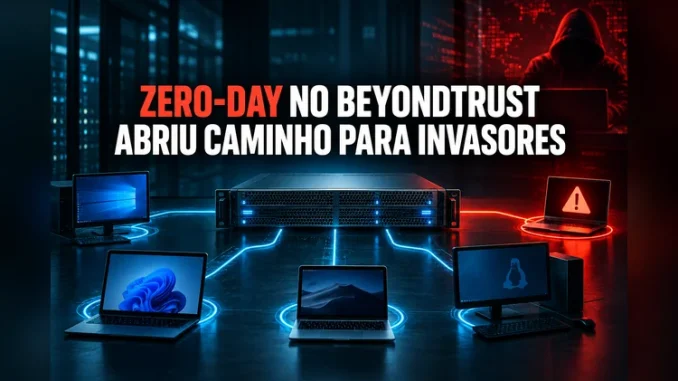 Capa com o título “Zero-day no BeyondTrust abriu caminho para invasores” sobre ilustração de um appliance de suporte remoto e dispositivos conectados