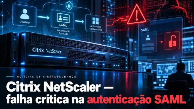 Ilustração editorial da vulnerabilidade de autenticação SAML em Citrix NetScaler