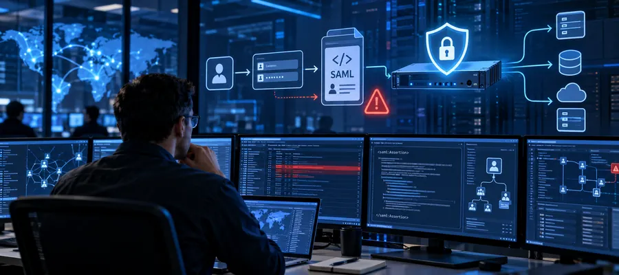 Equipe de segurança examinando o fluxo SAML e riscos na infraestrutura NetScaler
