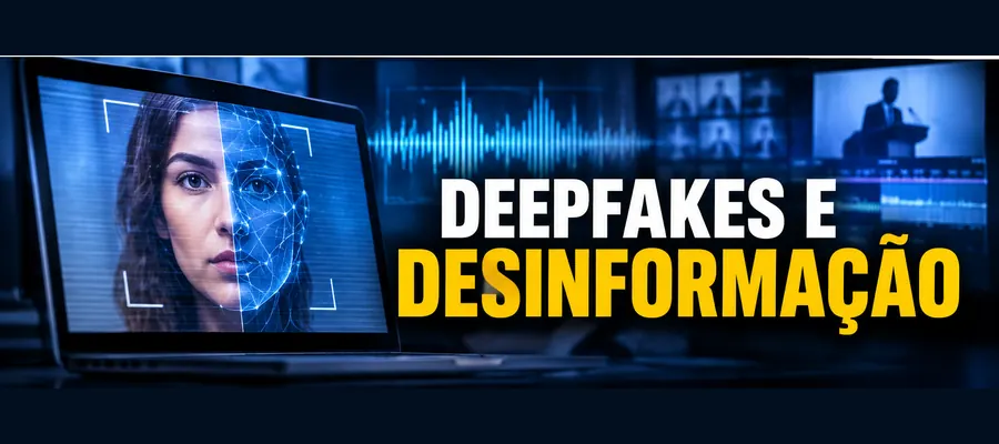 Ilustração editorial de rosto sintético e sinais de áudio, associada aos riscos de deepfakes nas eleições