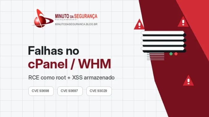 Arte de capa sobre três vulnerabilidades no cPanel e WHM, incluindo execução de código como root e XSS armazenado.