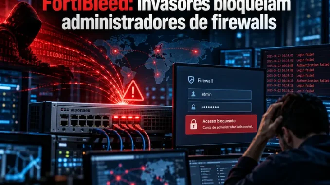 Ilustração da campanha FortiBleed com ataque a firewall e bloqueio de administradores