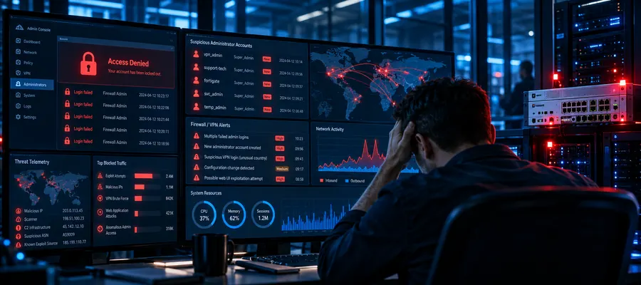 Analista em centro de operações investigando acessos administrativos indevidos em firewall