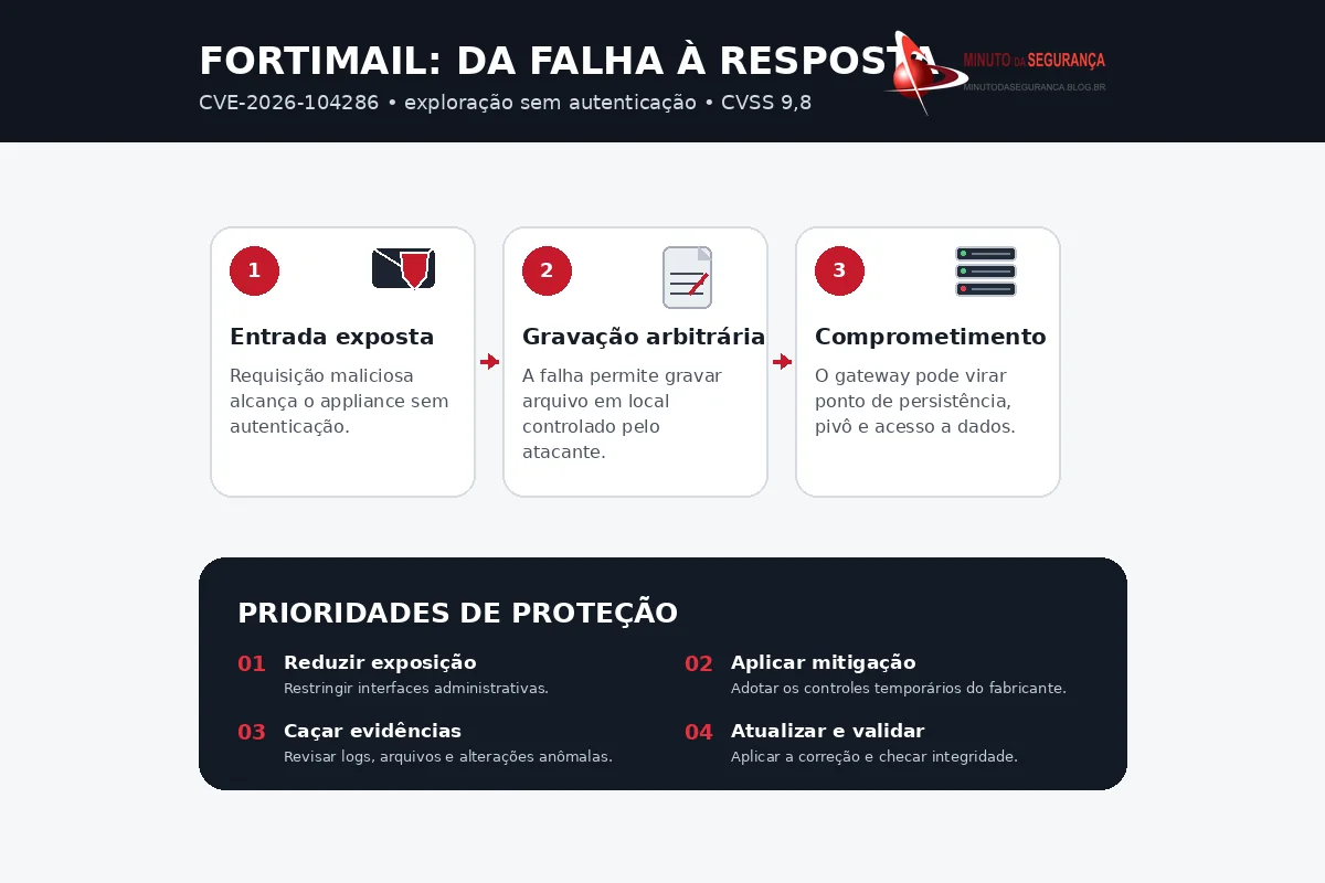 Infográfico: caminho de exploração da CVE-2026-104286 no FortiMail e prioridades de proteção.