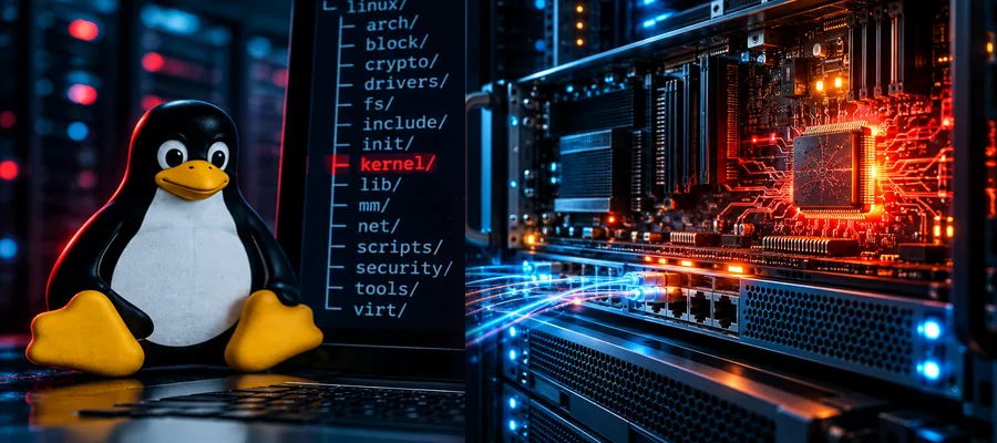 Ilustração conceitual de Linux e infraestrutura de servidores