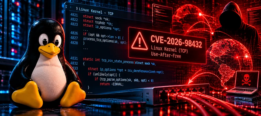 Ilustração do kernel Linux, conexões TCP e vulnerabilidade CVE-2026-98432