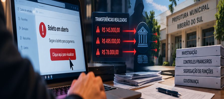 Ilustração editorial sobre phishing e controles financeiros em Ribeirão do Sul