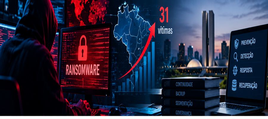 Ilustração editorial sobre riscos de ransomware no Brasil