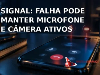 Celular em chamada com alertas de microfone e câmera, ilustração da falha RingRTC no Signal