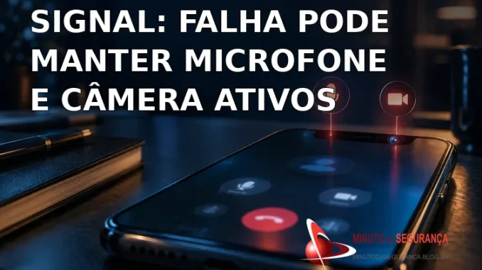 Celular em chamada com alertas de microfone e câmera, ilustração da falha RingRTC no Signal