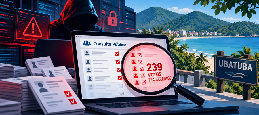 Ilustração sobre 239 votos fraudulentos em consulta pública digital de Ubatuba