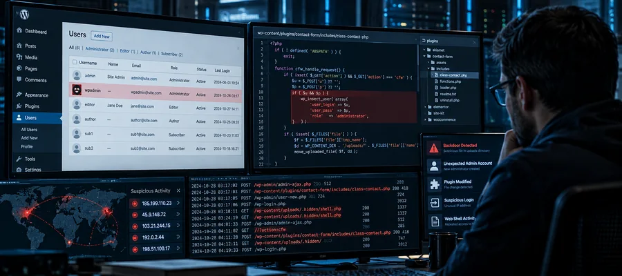 Equipe de segurança investigando plugin malicioso e contas administrativas ocultas