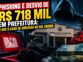 Ilustração editorial sobre phishing e desvio de R$ 718 mil na Prefeitura de Ribeirão do Sul