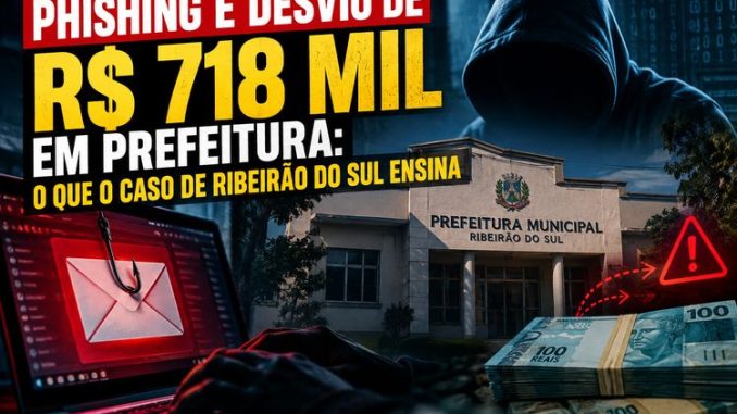 Ilustração editorial sobre phishing e desvio de R$ 718 mil na Prefeitura de Ribeirão do Sul